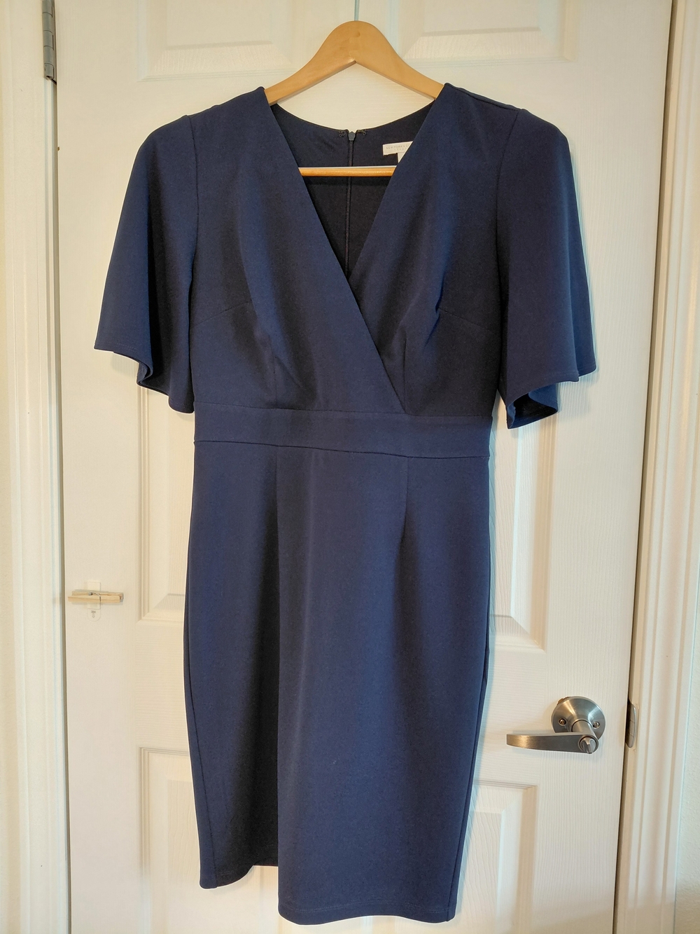 New York & Company Navy V-Neck Midi Dress with Flutter Sleeves